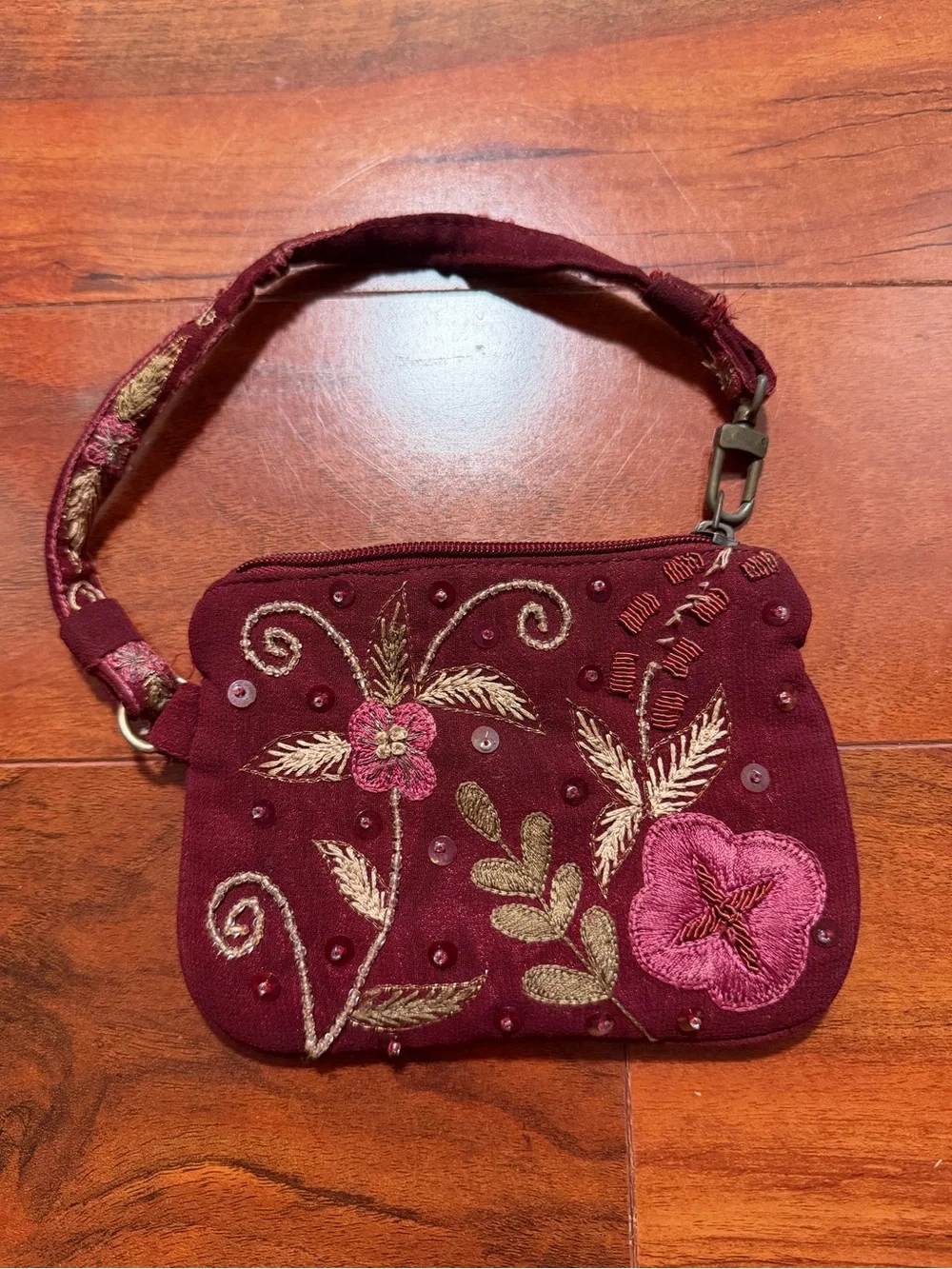 Vintage Express Small Maroon Embroidered Fabric Purse Wristlet Bag Beaded Floral